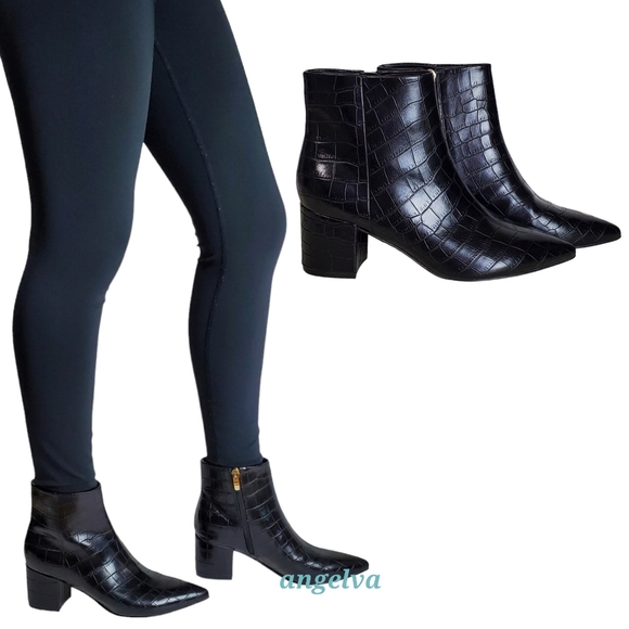 New Marc Fisher jelly faux leather embossed croc block heel ankle boots black - Picture 4 of 16